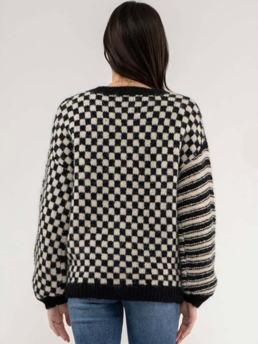 Blu Pepper Delaney Checkered Striped Chunky Knit Crew Sweater Black Cream M - Picture 2 of 16